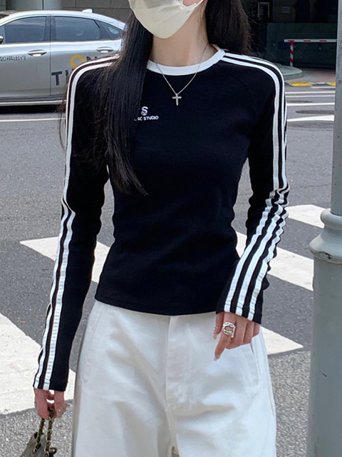 Sports Style Contrasting Color Raglan Striped Long-Sleeved T-Shirt for Women, New Autumn Korean Style Design, Black High-End Top