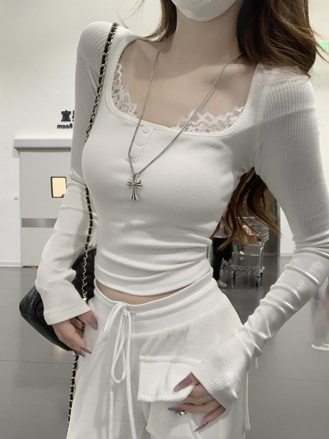 Square-Neck Pure and Alluring Long-Sleeve T-Shirt for Women, 2025 Autumn French Chic Lace Patchwork Short Crop Top ins