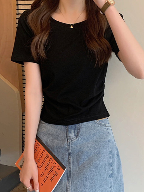Summer 2025 New Korean Style Candy-Colored High-Waisted Short-Sleeved T-Shirt for Women with Irregular Design Short Top ins
