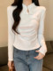 Early Autumn New Style Chinese-Inspired Button-Down Long-Sleeve T-Shirt for Women with Stand Collar, Hollow Design, Pleated Short Top, Trendy