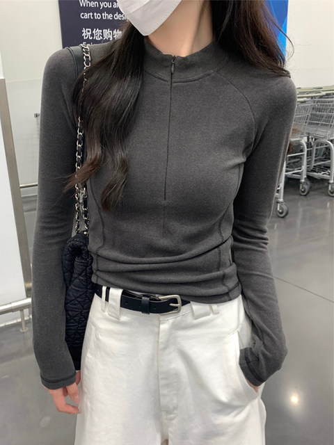 Korean Style Half-High Collar Slim-Fit T-Shirt for Women, New Autumn and Winter Half-Zip Ribbed Raglan Sleeve Pullover with Thermal Lining