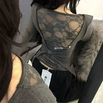 Pure Desire Hot Girl Style U-Neck Long Sleeve T-Shirt for Women 2026 Spring Unique Back Lace Patchwork Base Shirt Top