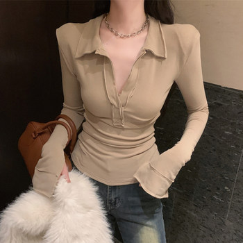 American-Style Spicy Girl High-Waisted Versatile Fleece-Lined T-Shirt for Women, New Autumn Model, Sexy Polo Half-Open Collar, Pleated Stunning Top