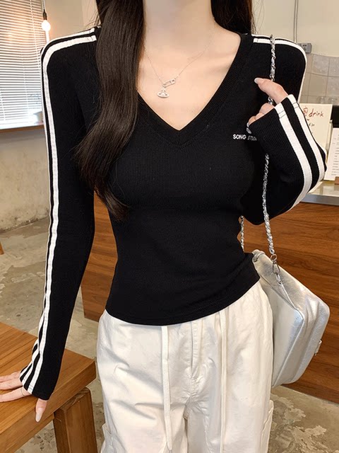 Korean Style Sporty V-Neck Striped Long-Sleeve T-Shirt for Women 2025 Early Autumn New Letter Embroidery Design Slim-Fit Top