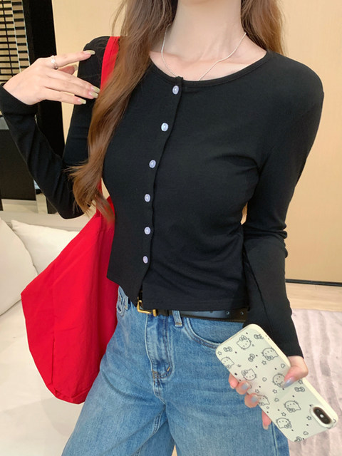 2026 Spring French Fashion Chic Button Cardigan for Women, Simple Style Slim Fit Versatile Round Neck Short Top