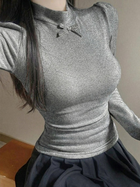 Pure Desire White Half-High Collar Long-Sleeve T-Shirt for Women 2026 Spring New Sweet Spicy Girl Bow Slim Fit Top