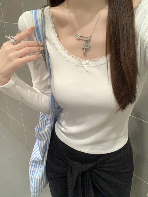 Fashionable Petite Style Round Neck Lace-Trimmed T-Shirt for Women, New Autumn Style, Age-Reducing, Gentle, Slim-Fitting, Slimming Short Top