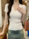 Gentle Korean-Style V-Neck Waist-Cinching Short-Sleeve Blouse for Women, Summer White Simple Fashion Slim-Fit Ribbed Elegant Top