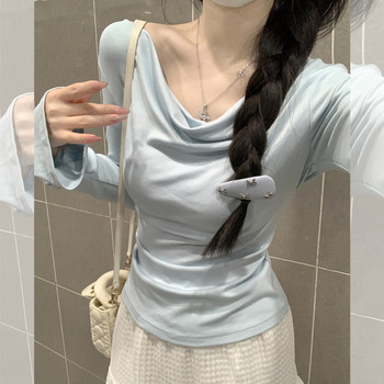 Korean Chic Style Flared Collar Bell-Sleeve T-Shirt for Women, Autumn Sweet and Gentle Versatile High-End Long-Sleeve Top ins