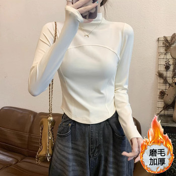 Half-High Collar Fishbone Stitching Brushed Fleece-Lined Base Shirt for Women, Autumn and Winter, Petite Size, Slimming Inner Wear, Short Top