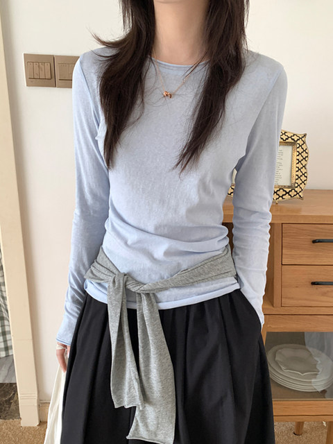 Korean Style Slim Fit Thin T-Shirt for Women, Spring and Autumn, Rolled Edge Design, Sun Protection Cover-Up Pullover Top ins