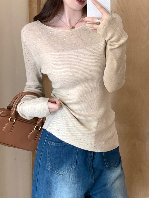Women's Base Layer with a High-End Feel, Can Be Worn Outside, See-Through, Off-Shoulder, Sparkling Diamond Knit Top, Simple, Unique, Beautiful, Trendy Top