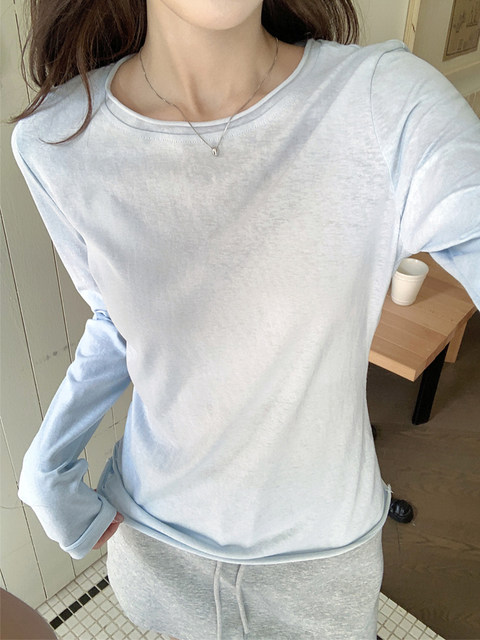 Korean-Style Round-Neck Rolled-Edge Design Stylish Thin T-Shirt for Women, Spring and Autumn Uv Protection Sun Protection Top