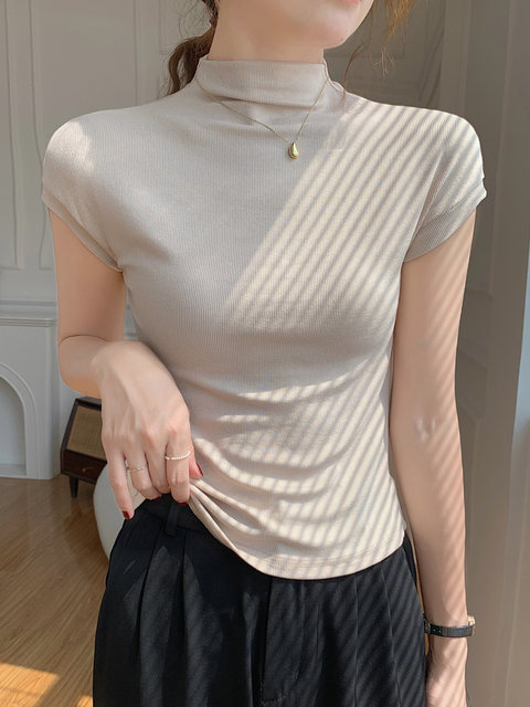 Basic Simple High-Neck Ribbed Cotton T-Shirt for Women, Blue, Early Autumn New Style, Korean Version, Slim Fit, Mid-Neck Base Shirt ins