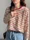 Chic Red and White Striped Round Neck Long-Sleeved T-Shirt for Women, Early Autumn New Korean Style Pure Cotton Color-Blocking Casual Loose Base Shirt