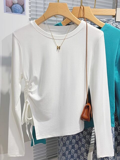 Trendy Korean-Style Drawstring T-Shirt for Women, Early Spring 2025, Slim Fit, Round Neck, Irregular Short Top ins