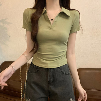 American-Style Spicy Girl V-Neck Short-Sleeve Polo Shirt for Women, Summer Green Fresh Slim-Fit Versatile Collarbone Half-Open Top