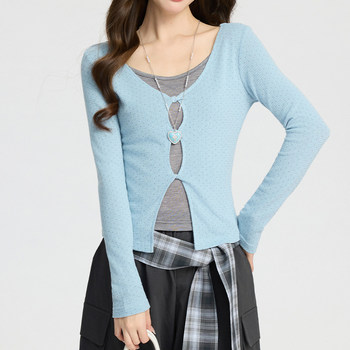 Blue High-End Polka Dot Twist-Knot Long-Sleeve T-Shirt for Women, Early Spring Base Layer, Slim-Fit Faux Two-Piece Short Top