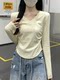 Green Fresh Style Curved Hem T-Shirt for Women 2025 Autumn Waist-Cinching Pleated Simple Versatile Elegant V-Neck Slim Top