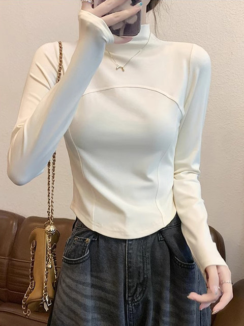 Half-High Collar Fishbone Stitching Brushed Fleece-Lined Base Shirt for Women, Autumn and Winter, Petite Size, Slimming Inner Wear, Short Top