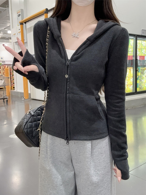 High-End and Elegant Hooded Double-Zip Cardigan for Women, 2026 Spring Korean Style Girly Brushed Long-Sleeve T-Shirt Top