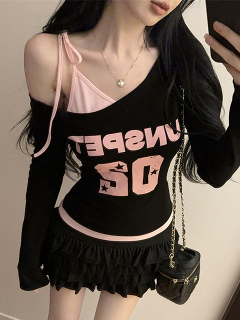 American High Street Style Color-Block Long-Sleeve Top for Women, Spring Design, Cool and Spicy, Slim Fit, Fake Two-Piece, Asymmetrical Neckline and Shoulder T-Shirt ins