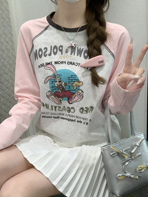 Round Neck Loose Chic Cartoon Print T-Shirt for Women, Spring Design with Contrasting Color Raglan Sleeves, Unique Patchwork Top Ins