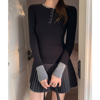 Half-Open Collar Slim-Fit Base Layer Shirt for Women, New American Style for Spring and Autumn, Unique and Distinctive Top with Color-Blocking Design