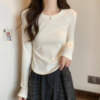 Pure Desire Round Neck Long-Sleeve T-Shirt for Women, 2025 Autumn Design with Curved Hem, Solid Color, Slim Fit, Short Top