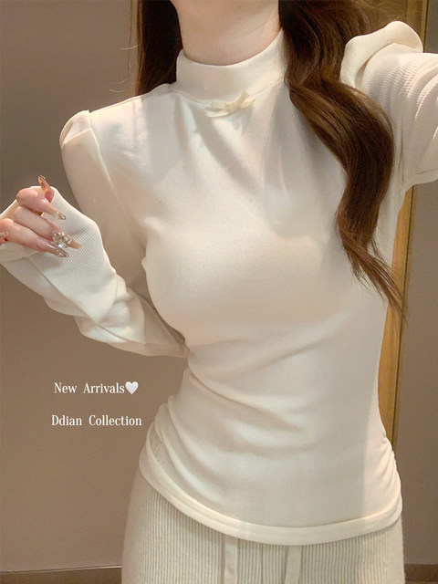 Korean Style Gentle Half-High Collar Puff Sleeve T-Shirt for Women, Autumn and Winter Brushed Fleece with Pleated Design Long-Sleeve Top ins