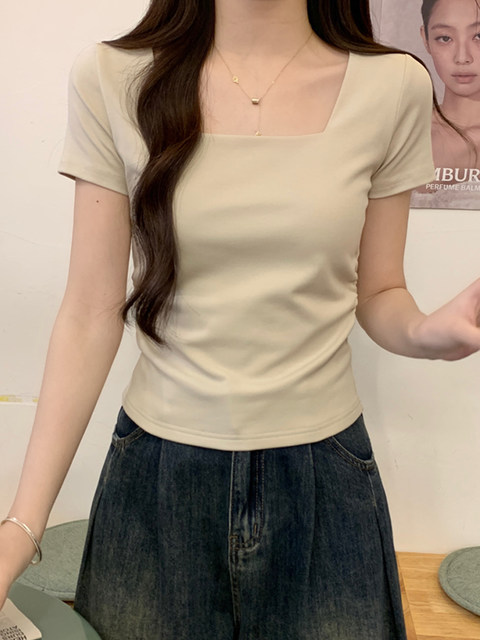 French-Style Minimalist Design That Exudes a High-End Feel, Women's Square-Neck Short Pleated T-Shirt with a Premium Feel, Short-Sleeved Base Shirt