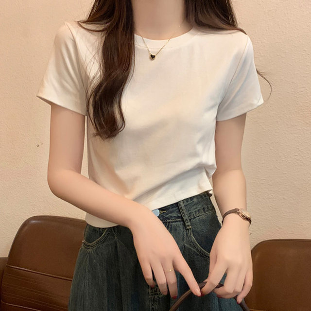Korean Style Black Round Neck Regular Shoulder Short-Sleeve T-Shirt for Women, 2025 Summer New Slim-Fit Short Top for Petite Figures