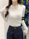 Designed with a Stylish Stand-Up Collar and Unique Buttons, This Long-Sleeve T-Shirt for Women in Spring Features a Waist-Cinching, Slim-Fit, Short Korean-Style Top