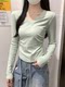 Green Fresh Style Curved Hem T-Shirt for Women 2025 Autumn Waist-Cinching Pleated Simple Versatile Elegant V-Neck Slim Top