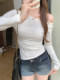 American-Style Spicy Girl Off-Shoulder Studded Long-Sleeve T-Shirt for Women, Spring Pure Desire White Waist-Cinching Slimming Off-Shoulder Base Top