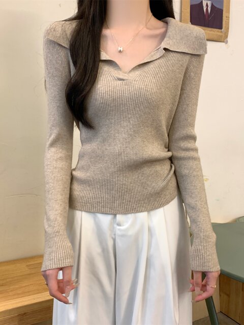 Korean Style Petite Polo Collar Inner Knit Sweater for Women 2025 Autumn and Winter Drawstring Pleated Design Versatile Top