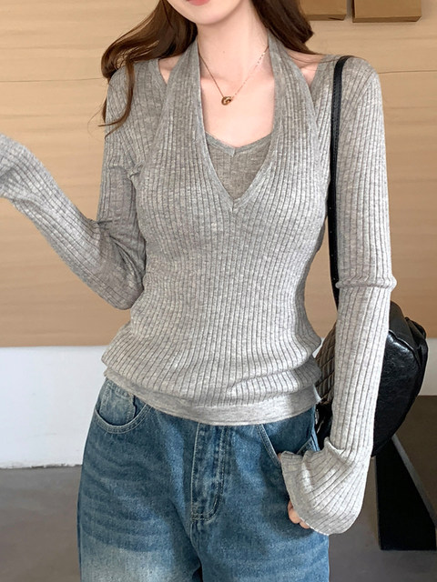 Fake Two-Piece Pure Desire Halter V-Neck Knit Top for Women, 2026 Spring Slim Fit Versatile Korean Style Design Top