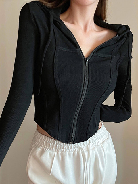 Short Hooded T-Shirt for Petite Women ins Women's 2025 Autumn New Style Fishbone Design Waist-Cinching Zipper Cardigan Top