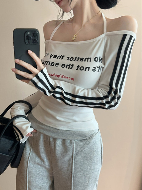 Sexy Hot Girl Style Letter Print Top for Women 2025 Autumn Tight-Fitting Versatile Long-Sleeve T-Shirt Off-Shoulder Halter Top