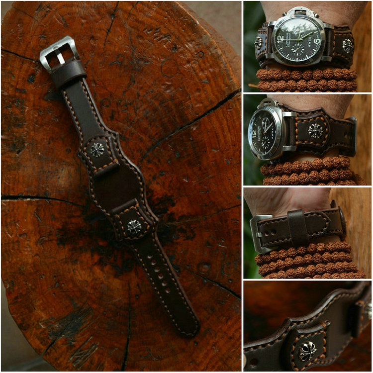 Leather workshop original handmade dark brown Italian vegetable tanned leather casual retro motorcycle leather strap