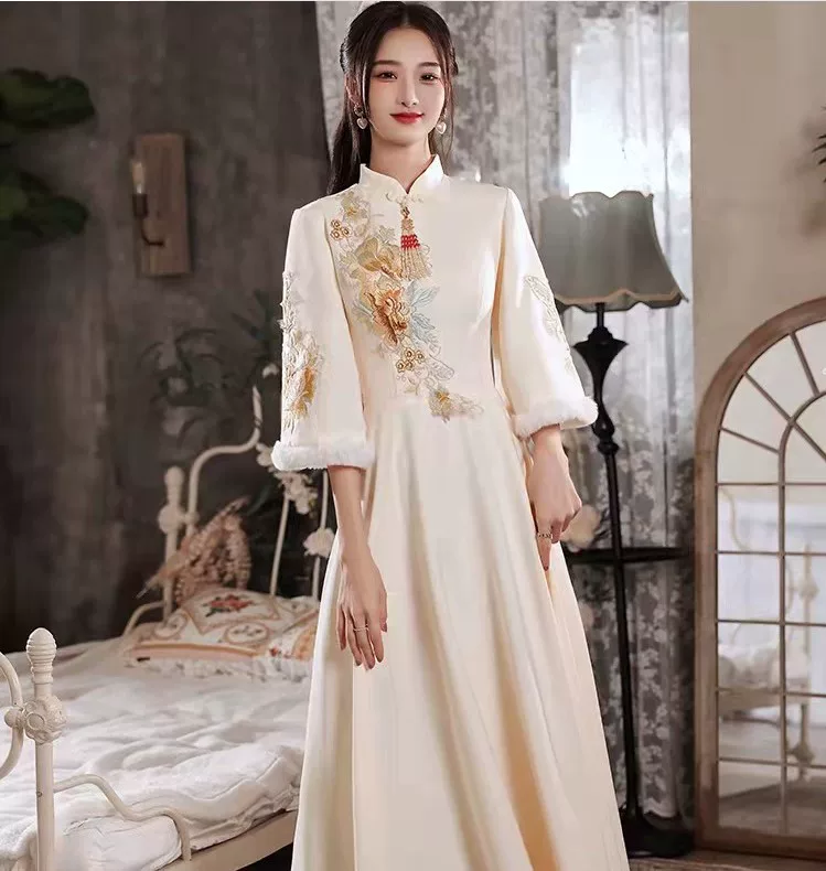 Winter bridesmaid dress, evening dress, skirt, long-sleeve, size, Chinese style