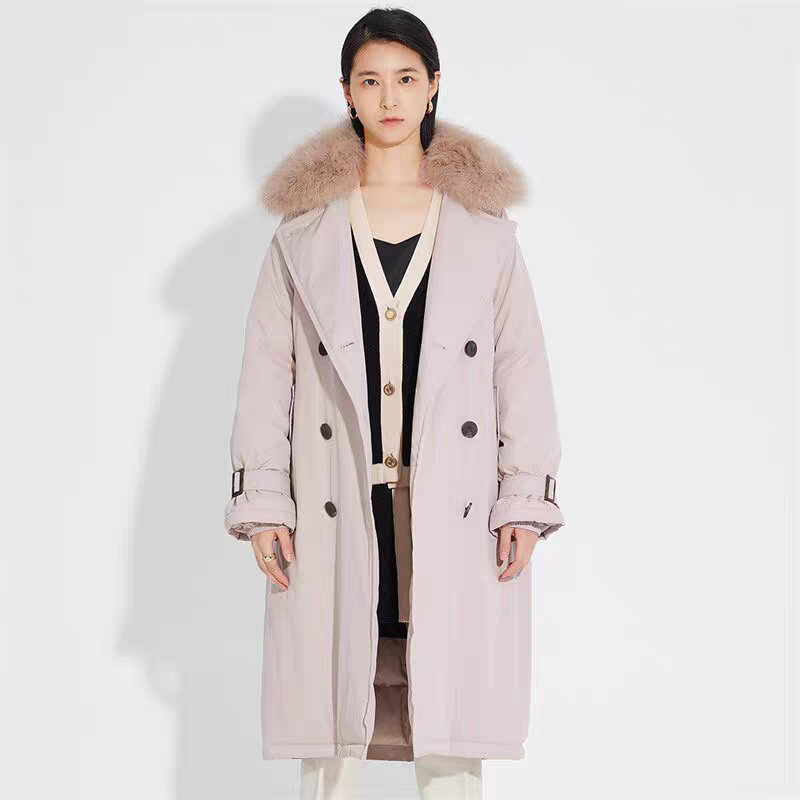 Mb Autumn and Winter Large Fur Collar Trench Coat Style Light Beige Elegant Long down Jacket 8257