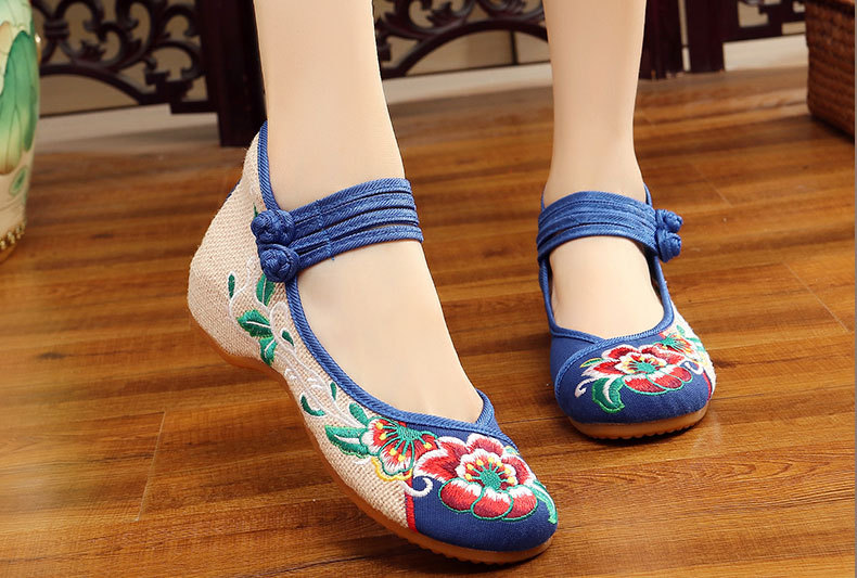 Nữ thêm phiên bản lớn nâng cấp gân bò dày dưới đáy hoa dâm bụt thấp chính hãng Bắc Kinh thêu vải giày vuông giầy nữ