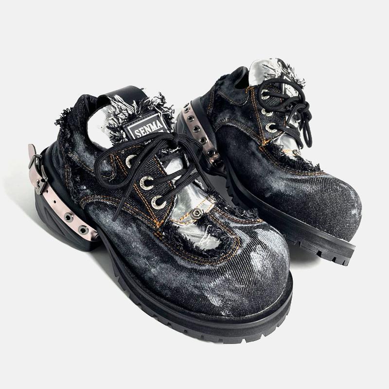 Niche Design Mickey Big-Head Platform Shoes for Men, 2025 Spring New Punk Style Height-Increasing Denim Lace-Up Shoes for Women