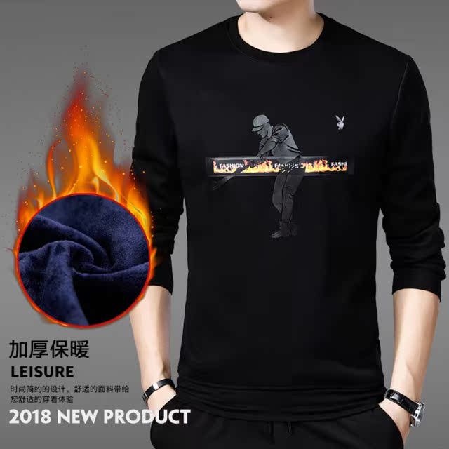 Playboy nam thu đông mới cộng với áo thun nhung dày hợp thời trang in áo len trẻ trung ấm áp áo hoodie màu xanh dương