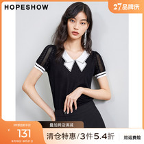 Red-sleeved hopeshow summer new womens contrast embroidered lapel pull-off pull-over pull-over short-sleeved black light-aged style knit shirt