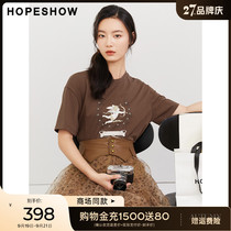 Red sleeve mall with hopeshow vintage cupid print T-shirt 2022 new womens round neck pullover top