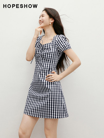 Vestido a cuadros Retro de manga roja, novedad de verano 2025, vestido de estilo sin contraste con manga abombada y cuello de diamante para mujer