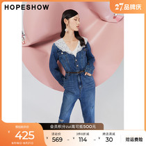 Red-sleeved mall with the same hopeshow denim jumpsuit autumn new womens lace panels collar ripped trousers