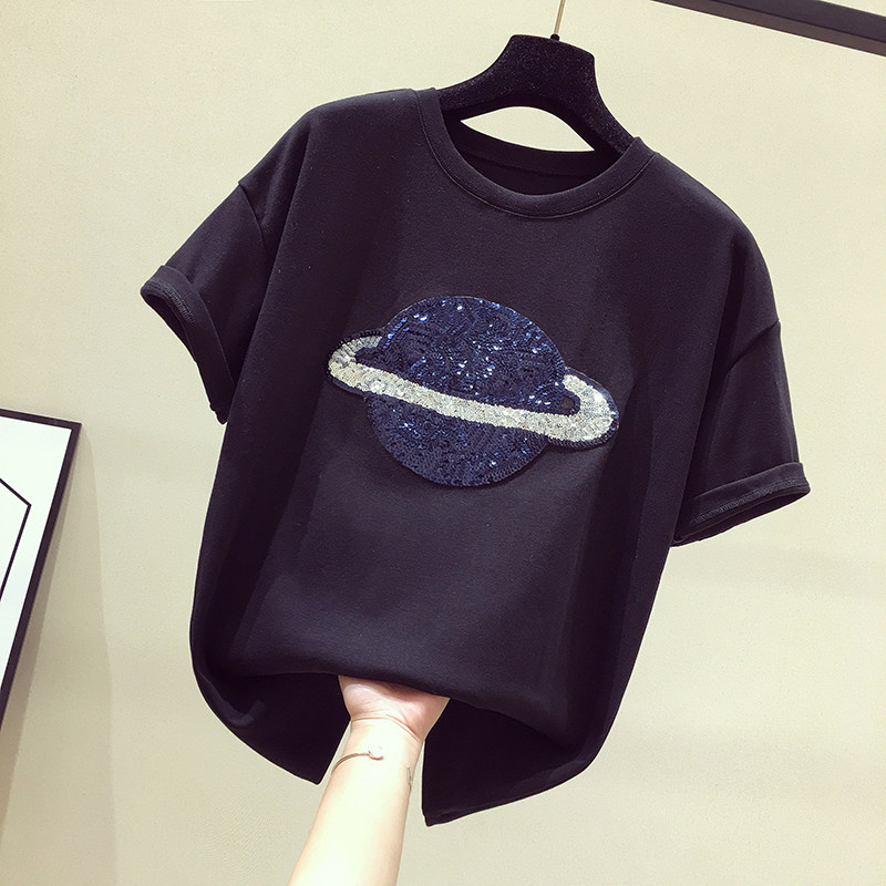 South Korean black T-shirt female short sleeve 2020 spring summer new Korean version loose sequins half sleeve T-shirt ins overfire blouses